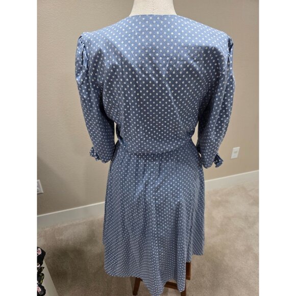 Vintage Blue Polka Dot Dress With Puff Sleeves Bow Accents & Button Front Size 1 - Picture 5 of 9